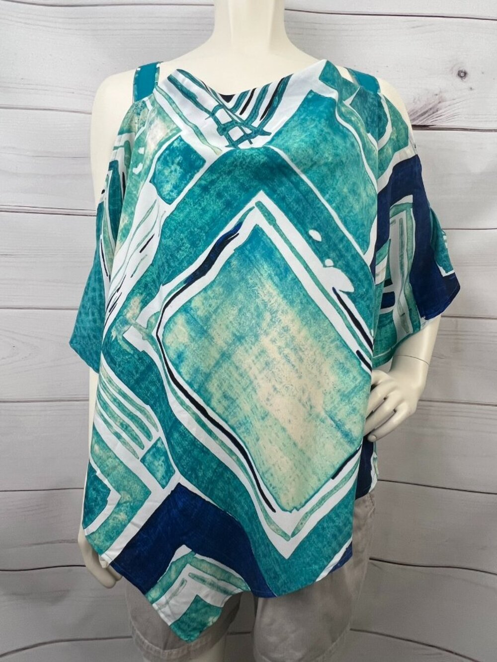 Lane Bryant Teal Geometric Cold Shoulder Handkerchief Hem Top - Size 18/20